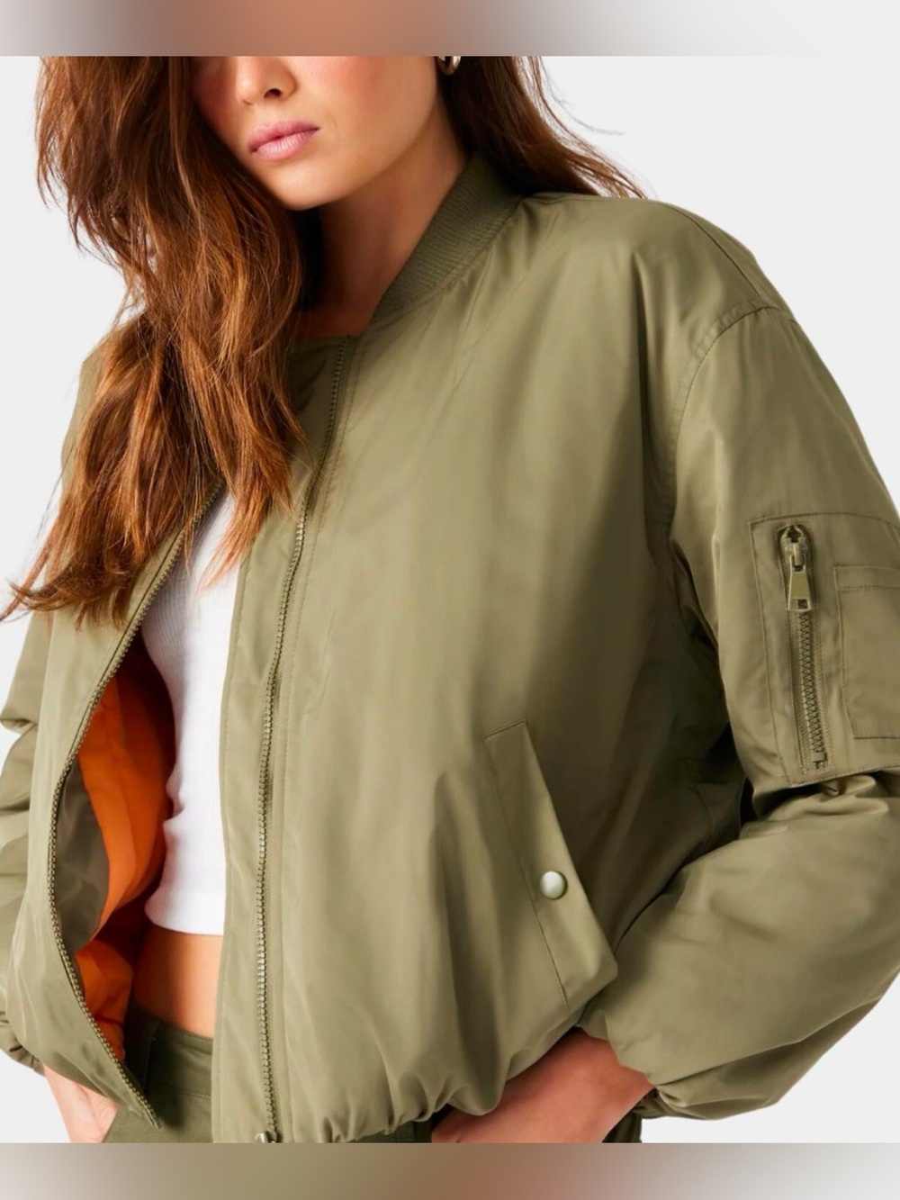NWT Steve Madden Dusty Olive Green Vida Bomber Jacket with Orange Lining Size S